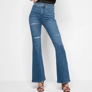Express High Waisted Medium Wash Ripped Flare Jeans